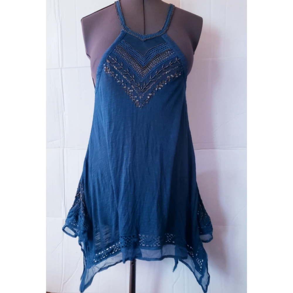 Free People blue beaded strappy trapeze mini dress XS